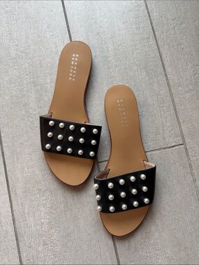 Barneys New York Black Pearl-Accent Slide Sandals